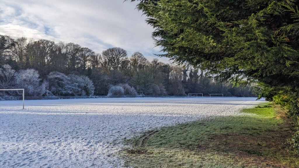 The football pitches at Donnelly's Holm covered in snow