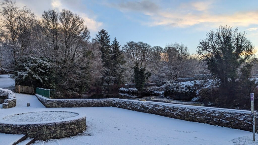 Lovers Retreat waterfall area covered in snow