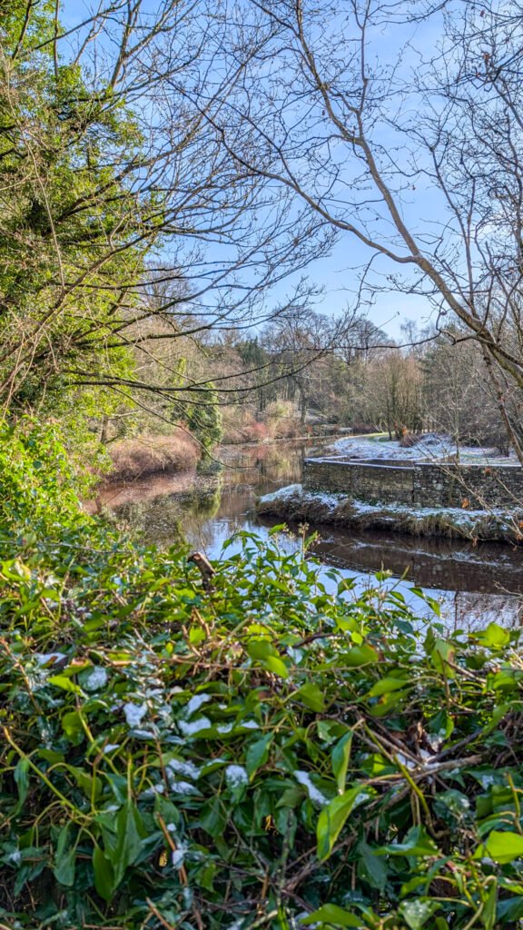 View of river at Lover's Retreat with a dusting of snow day after Storm Eowyn in Omagh