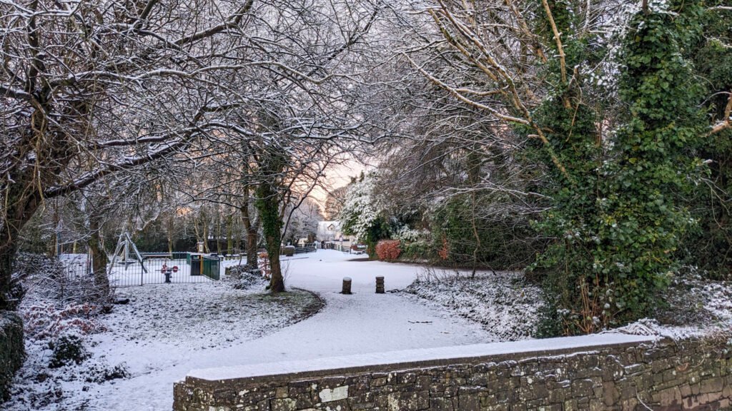 Lovers Retreat picnic area covered in snow looking to the west