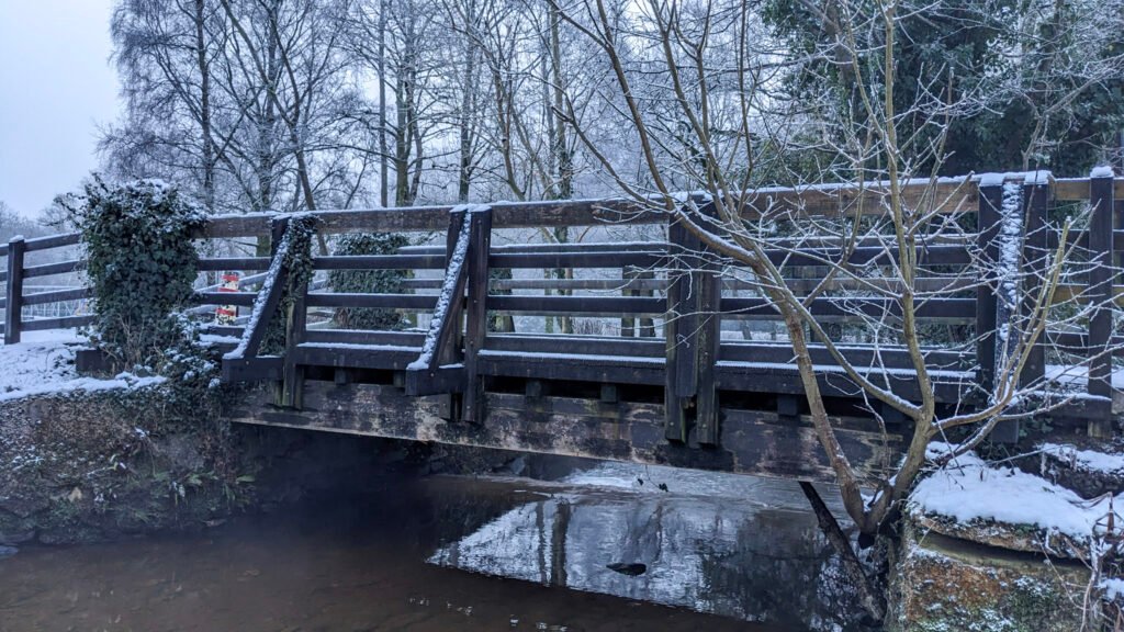 Lovers Retreat footbridge covered in snow