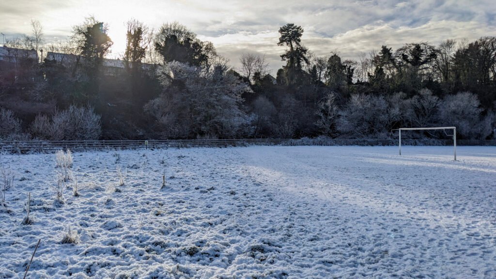 The football pitches at Donnelly's Holm covered in snow