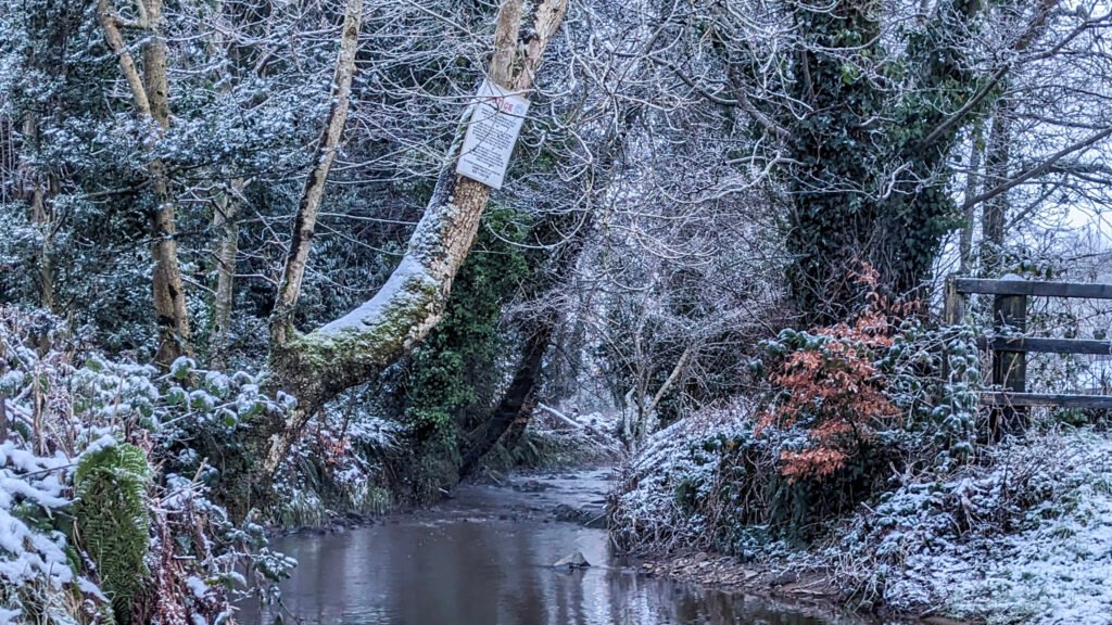 Lovers Retreat Stream from the footbridge covered in snow