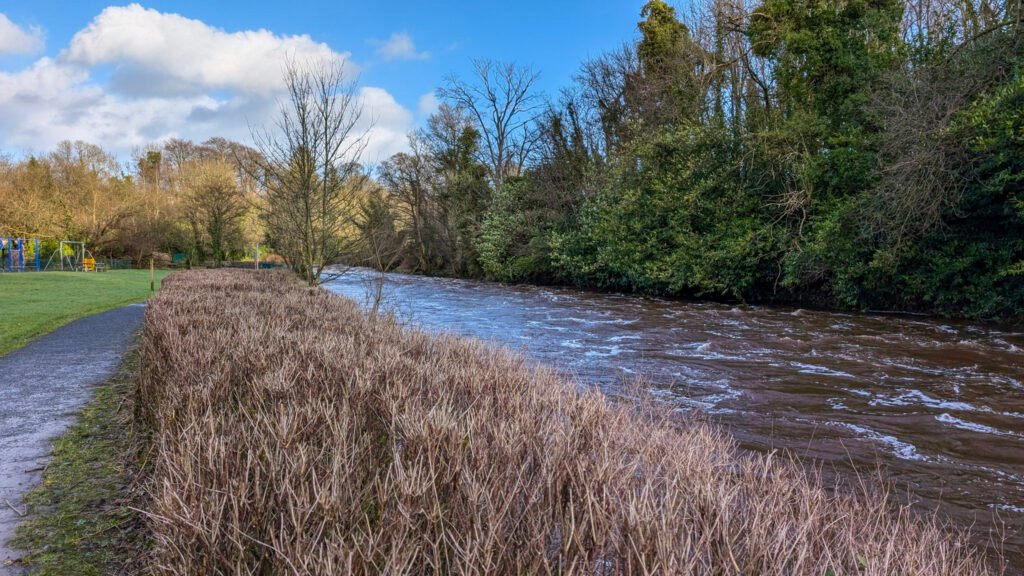 Mid river at Lovers Reteat, high water looking east