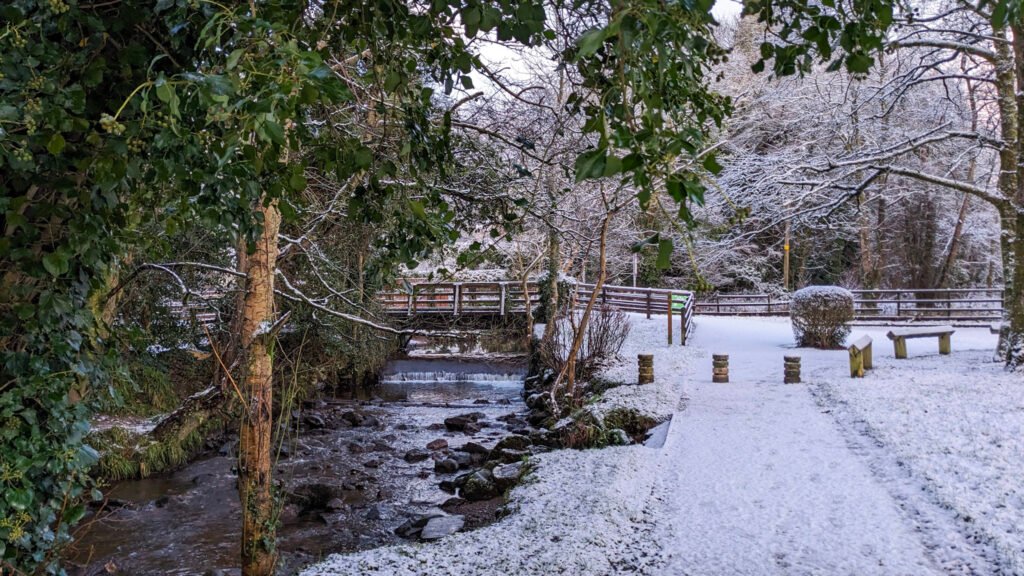 Lovers Retreat footbridge covered in snow