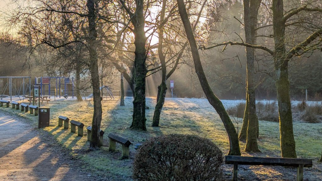 Frosty sunrise view of park at Lovers Retreat Omagh.