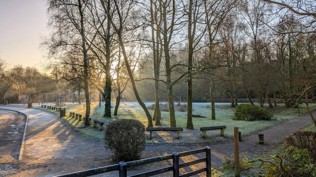 Frosty sunrise view of park at Lovers Retreat Omagh.