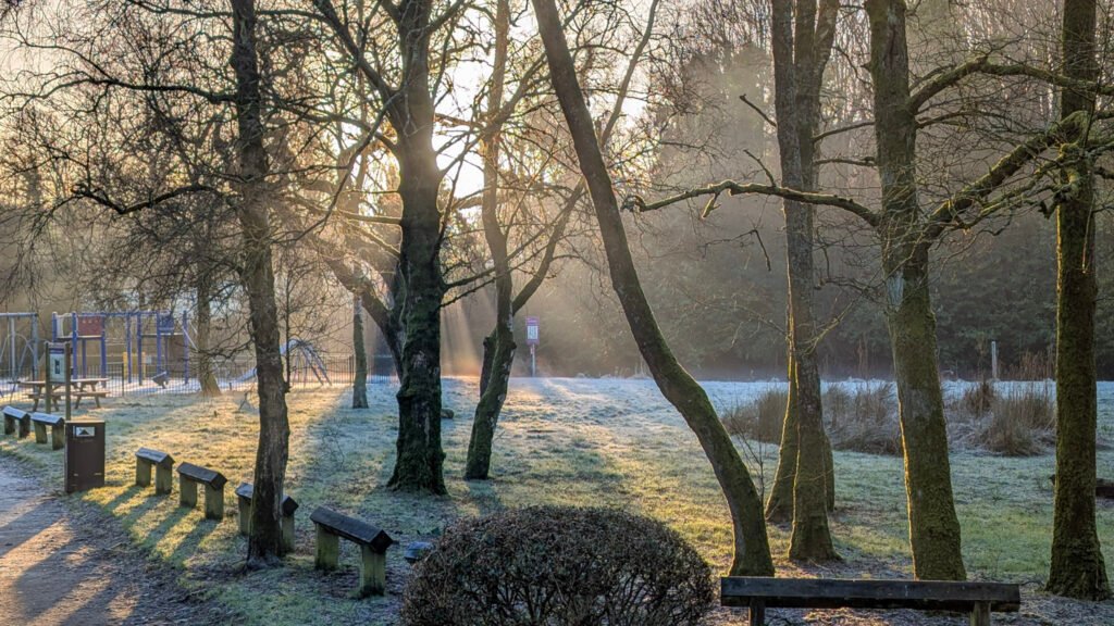 Frosty sunrise view of park at Lovers Retreat Omagh.