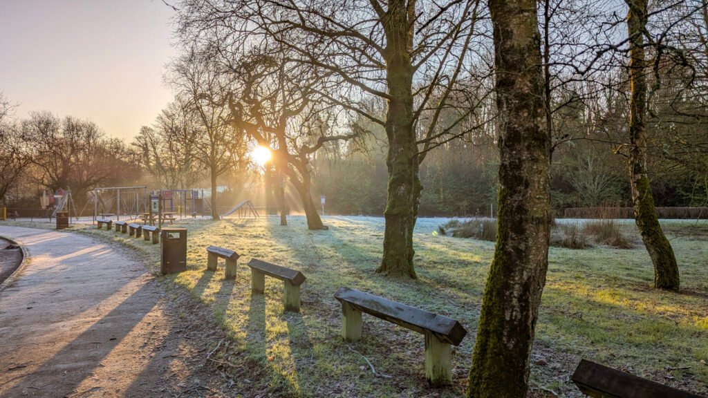Frosty sunrise view of park at Lovers Retreat Omagh.
