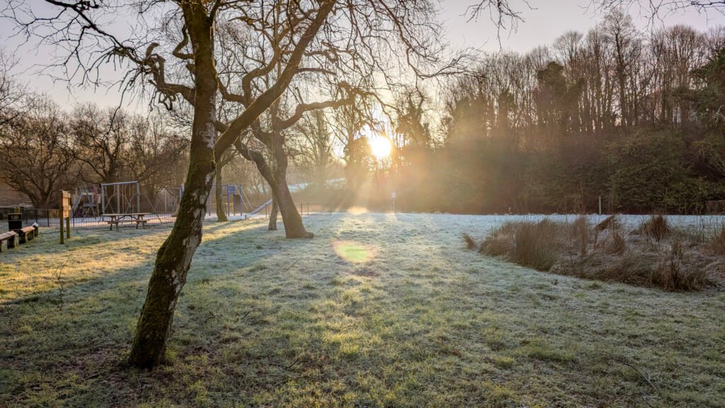 Frosty sunrise view of park at Lovers Retreat Omagh.
