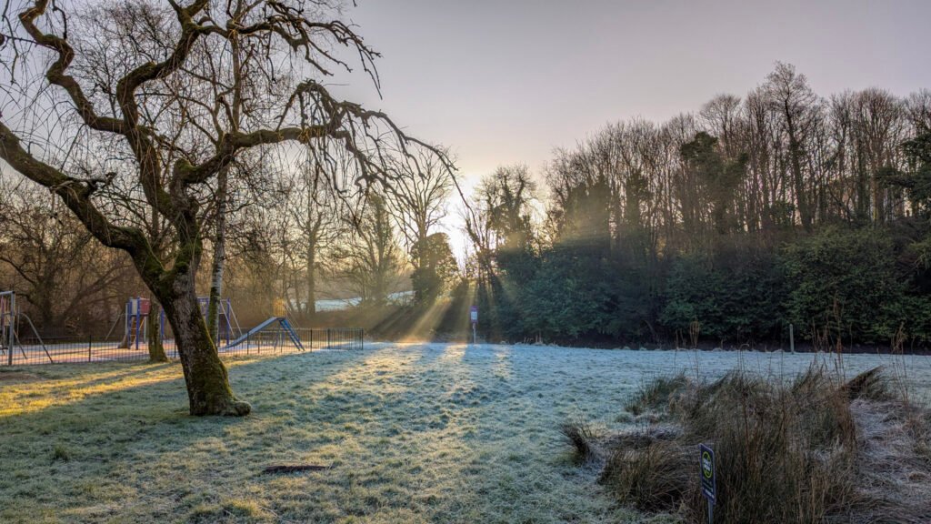 Frosty sunrise view of park at Lovers Retreat Omagh.