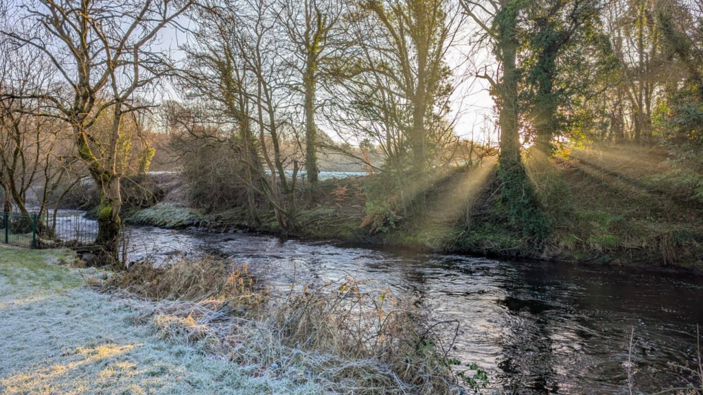 Frosty sunrise view of river at Lovers Retreat Omagh.